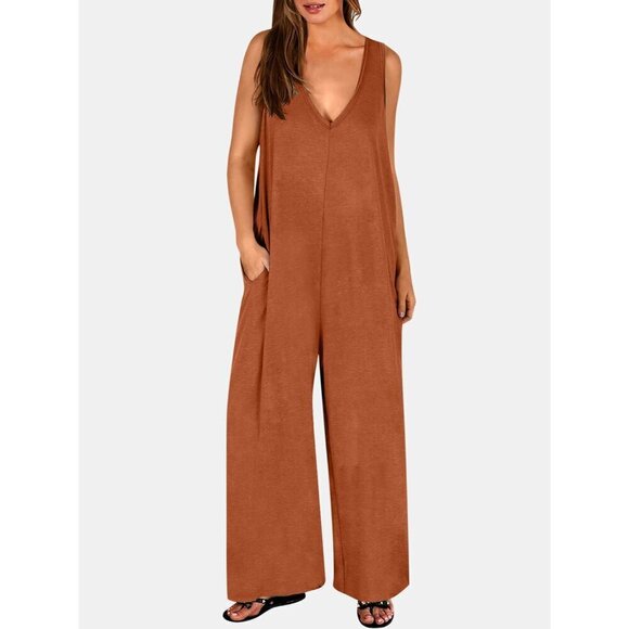 Beach Boho Maui - Full Size V-Neck Wide Strap Jumpsuit - Caramel - Picture 2 of 4